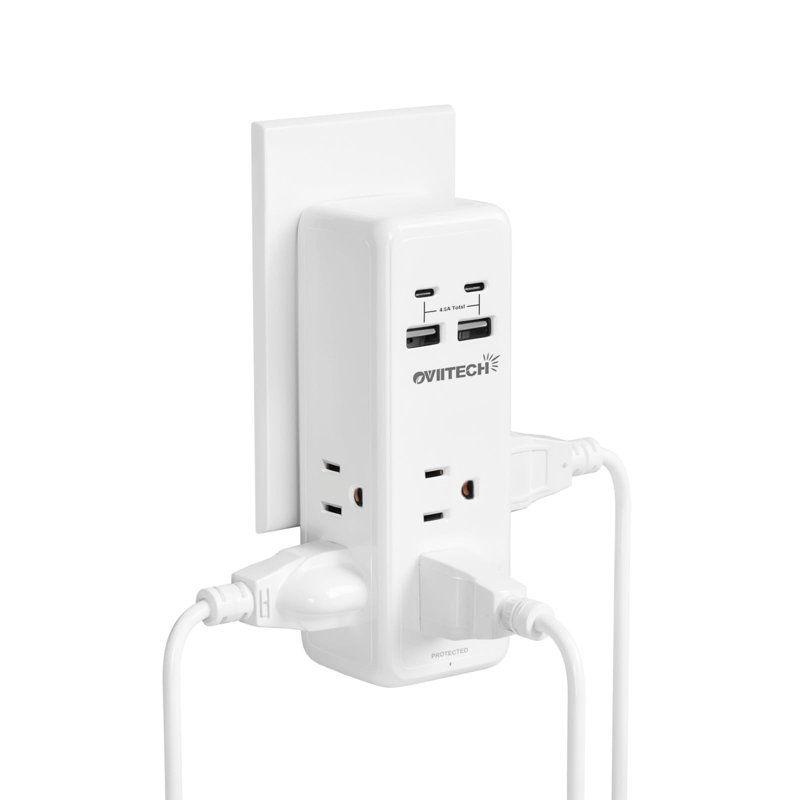 Extension de prise de courant contre les surtensions - 4 prises murales USB (2 USB C) 4,5A au total, répartiteur de prise murale avec 6 extensions d'alimentation CA, espacées pour le bureau personnel de voyage, blanc