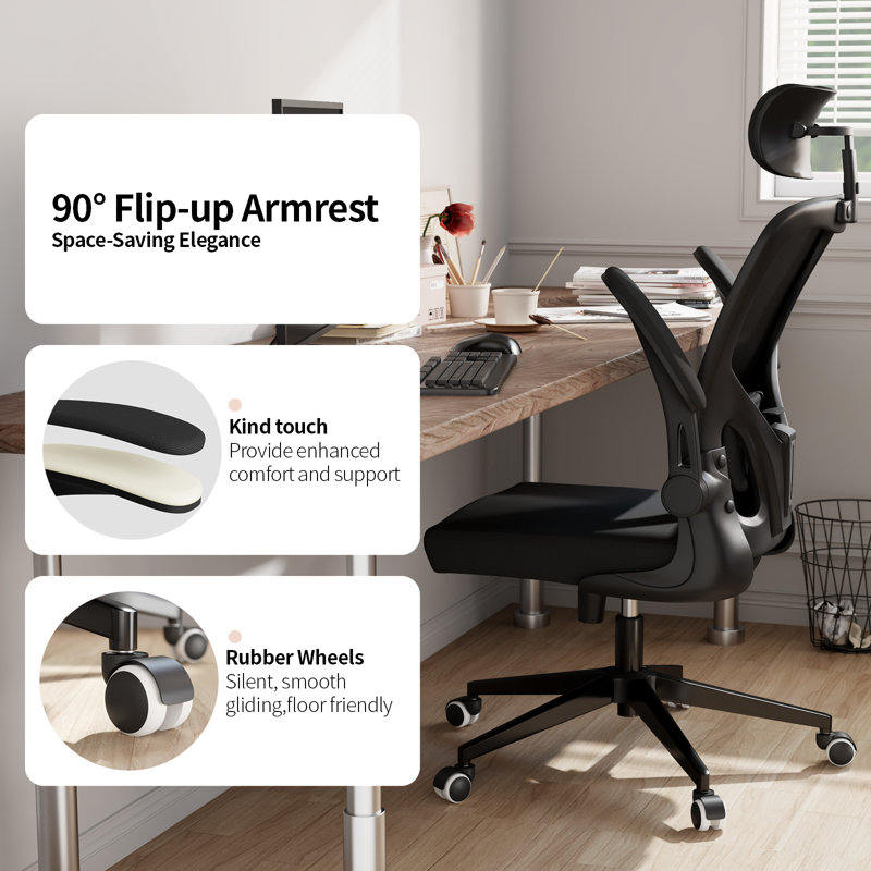 Cadell Ergonomic Office Chair, Home Office Desk Chairs with Lumbar Support, 3D Headrest and Flip Up Arms, Rockable Swivel
