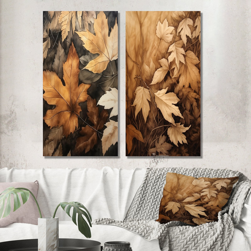 «Brown Beige Leafs Harmony», 2 pièces sur toile, Toile tendue, H 24 po x l 20 po