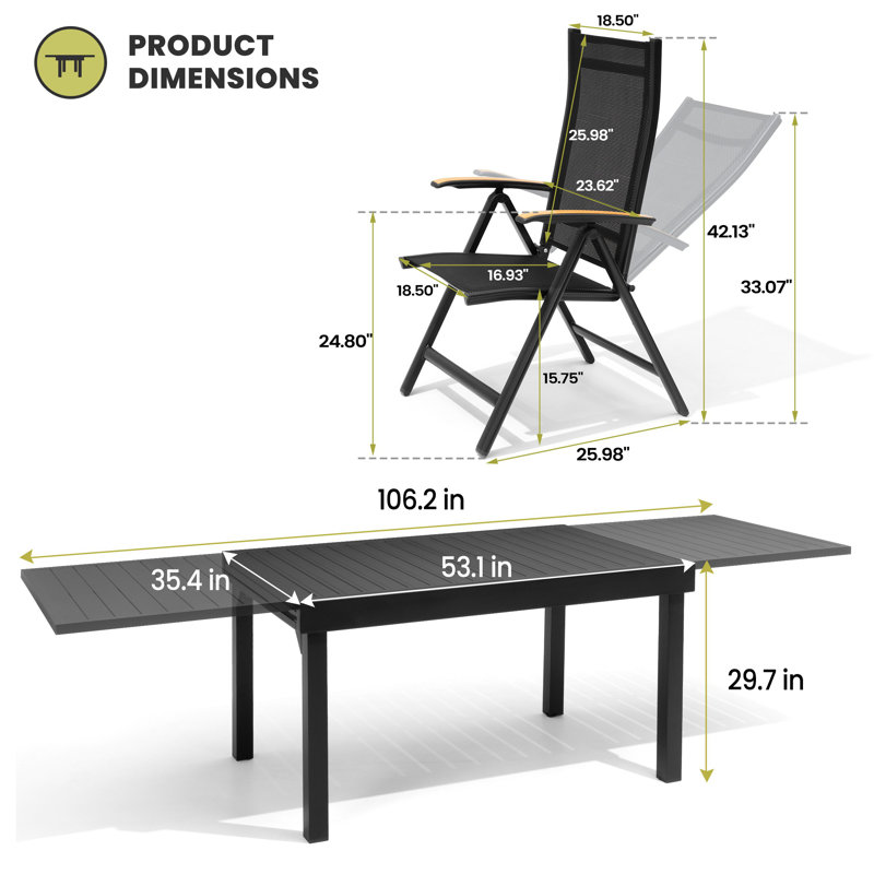 10 - Person Aluminum Patio Dining Set with Extendable Table  and Folded Reclining Armchairs, 10
