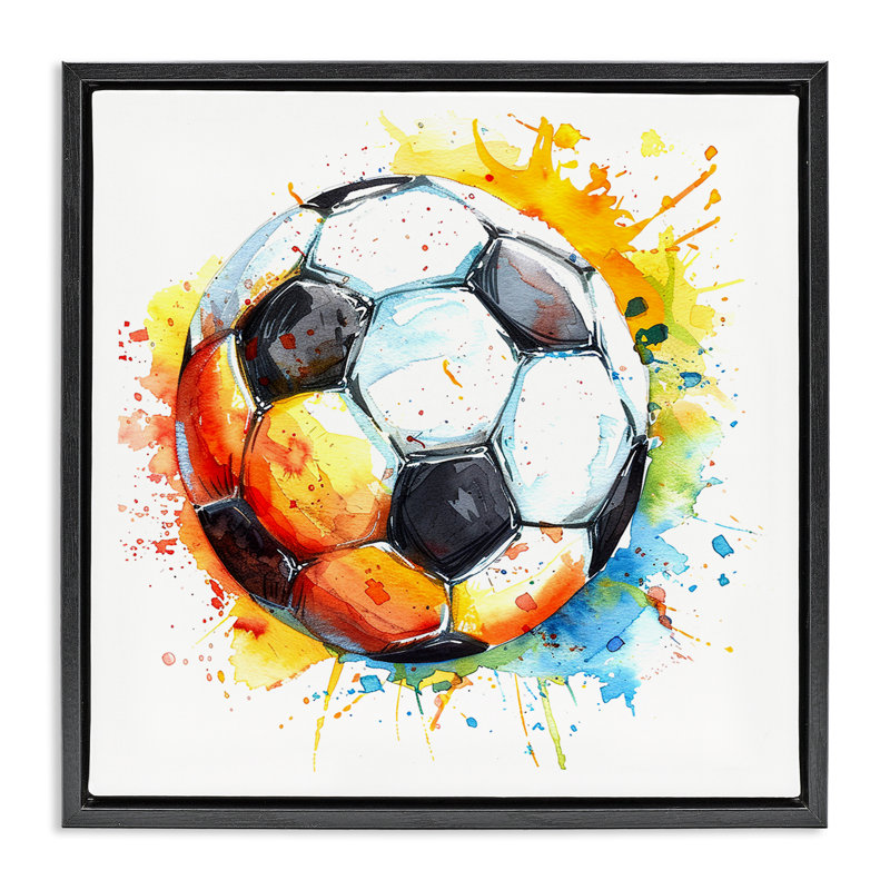  «Soccer Ball Bright Splash», art mural encadré sur toile flottante par LSR Design Studio, Cadre flottant noir de jais