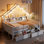 Wood Full Size Platform Bed with LED, Storage Shelves, Drawers & Guardrail – Space-Saving Bed for Kids and Adults