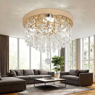 Flush Mount Crystal Chandelier With Led Lighting, Modern Champagne Gold Ceiling Fixture For Bedroom, Bathroom, Hallway And Small Spaces
