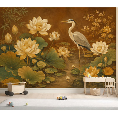 Murale Papier peint auto-adhésif Grue de lotus Lotus Pond à l'encre de style oriental Scène de nature sereine Papier auto-adhésif amovible de contact mural pour salon Chambre H 69 po x l 96 po