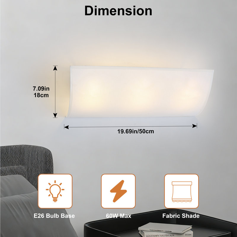 3-Light White Fabric Shade Wall Sconces, 3, 7.09" H x 19.69" W x 8.68" D