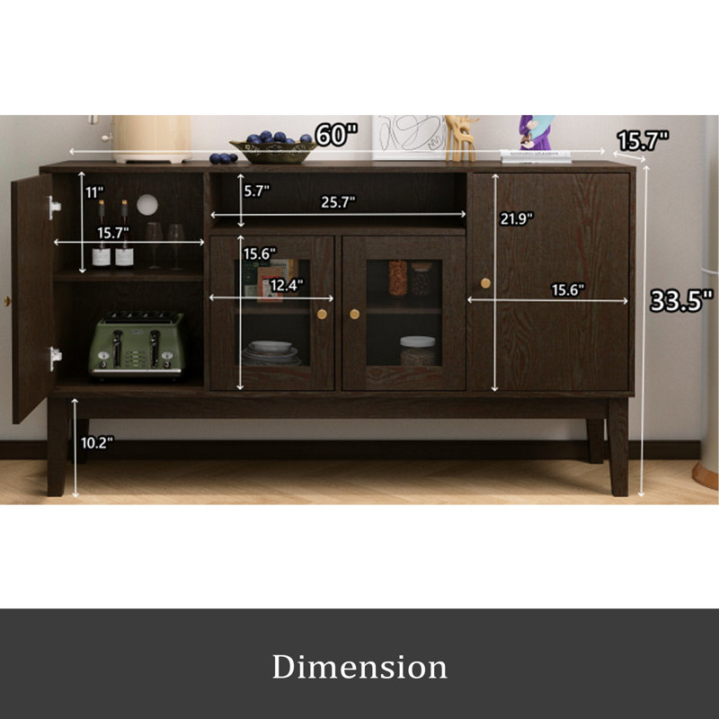 Buffet console, armoire multimédia avec tablettes réglables