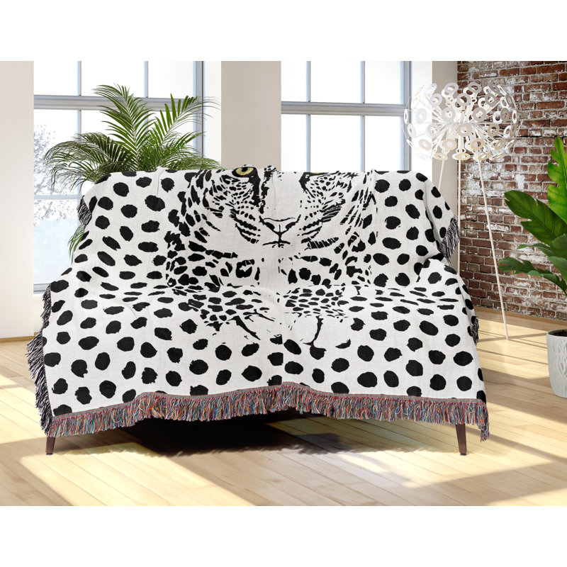 Jeté en mélange de coton Inky Leopard, L 80 po x l 60 po, Noir / blanc cassé
