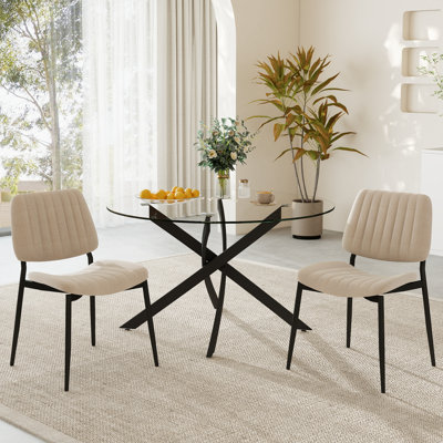 Ensemble de table de salle à manger ronde en verre, plateau de table en verre trempé transparent de 36 po avec chaises en lin