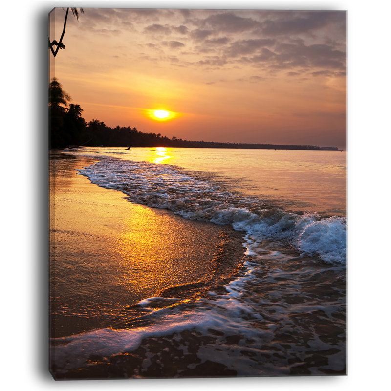 Reproduction de photo sur toile tendue, "onde de mousse blanc" à coucher de soleil modern beach, H 40 po x l 30 po x P 1 po