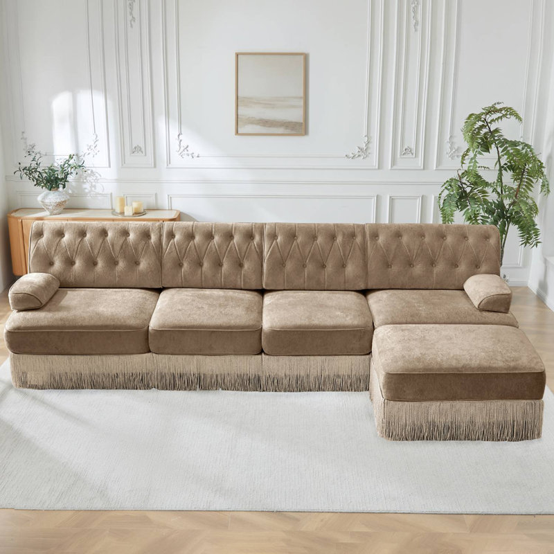 Canapé modulaire en L avec repose-pieds Chesterfield, Chameau