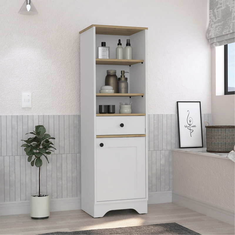 Armoire à linge, deux tablettes intérieures, deux tablettes ouvertes, Blanc / brun clair