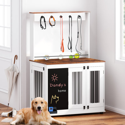 W 36,5 po Mobilier pour cage de chien avec tableau noir, crochets et clôture pour chien