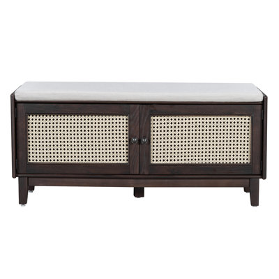 TREXM Boho Rattan Entryway Bench with Storage, Cushioned Shoe Bench with Double Doors, Wooden Shoe Organizer Bench for Entryway and Hallway (Espresso+Beige )