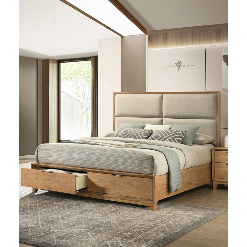 1 lit plateforme avec rangement et tête de lit tapissier ultra-moelleux avec deux tiroirs de rangement en bois massif et meubles de chambre à coucher en bois naturel