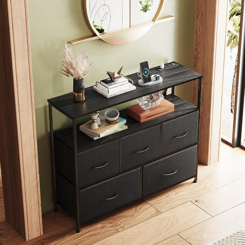 Commode noire pour chambre à coucher, commodes à 5 tiroirs avec station de charge, commode en tissu avec tablettes ouvertes, commode de rangement pour le salon, placard, vestibule