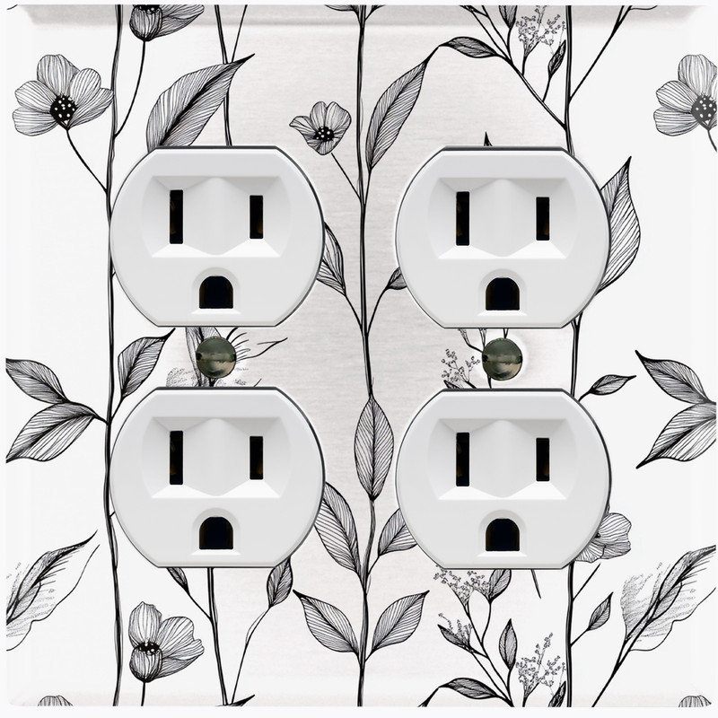 Couvercle de plaque d'interrupteur en métal; Rectangle 2 bandes US standard - Croquis floral élégant, #9 Double Duplex Outlet