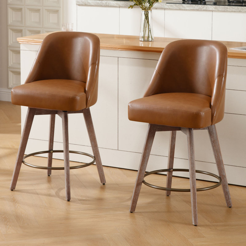 Modern Mid-Century Swivel Bar stool with Backs and Wood Legs, Brown