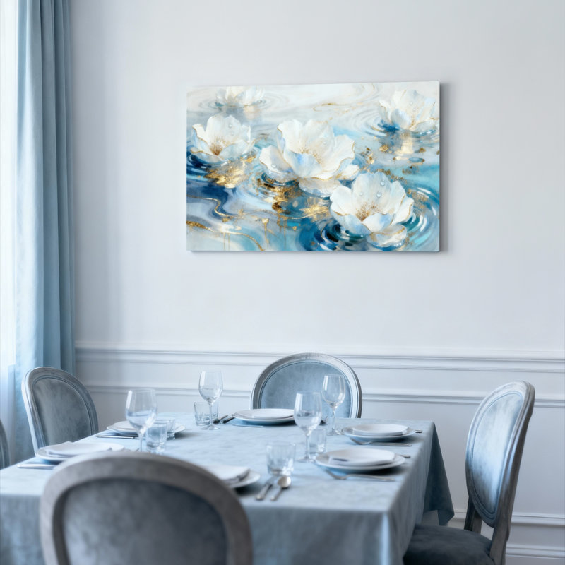 Ensemble de 1 tableau abstrait aquarelle sur toile tendue, motif de fleurs blanches et accents dorés, H 20 po x l 30 po