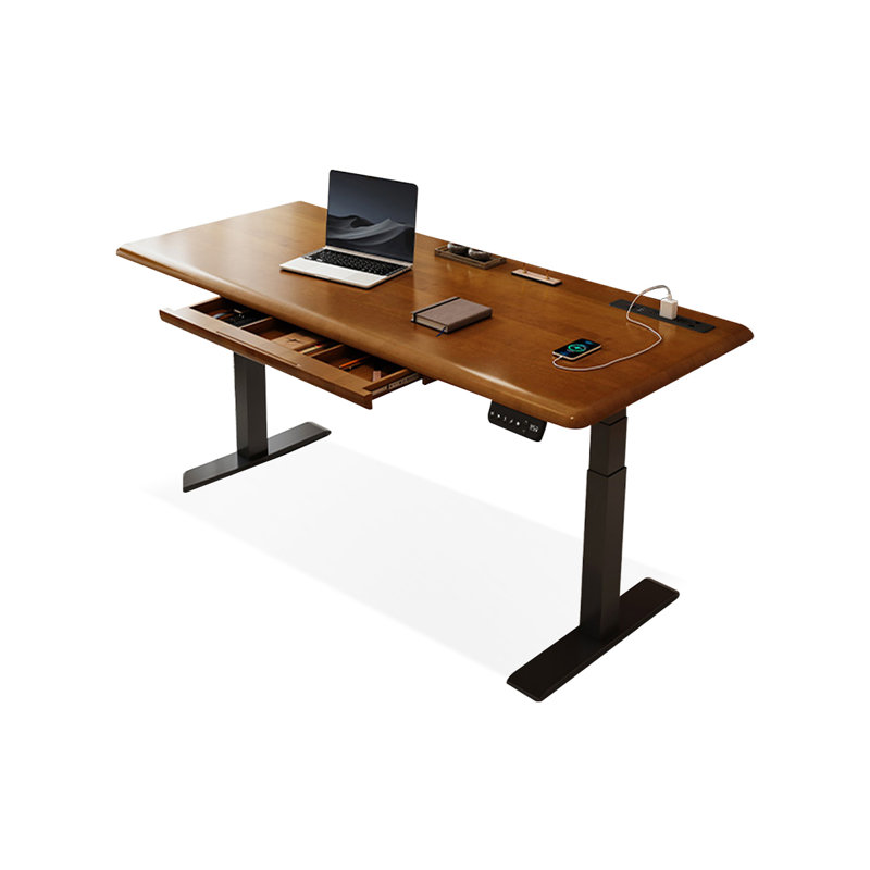 Bureau à 1 tiroir en bois massif noisette + noir rectangulaire réglable en acier massif + acier