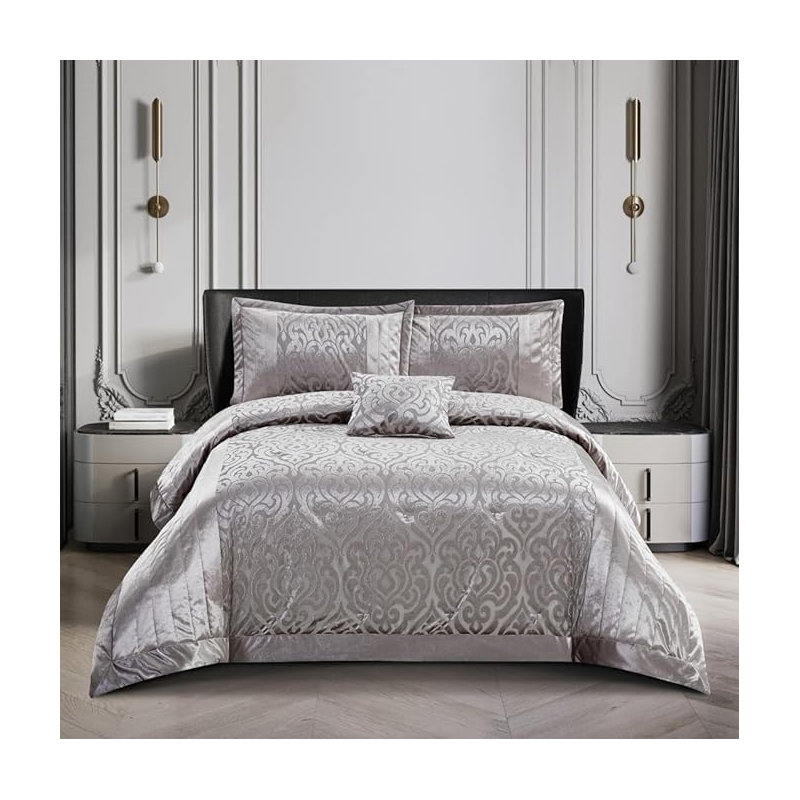 Bollara Velvet Damask Bedspread with Pillow Shams, Mink, Double/King Bedspread  + 2 Pillow Sham