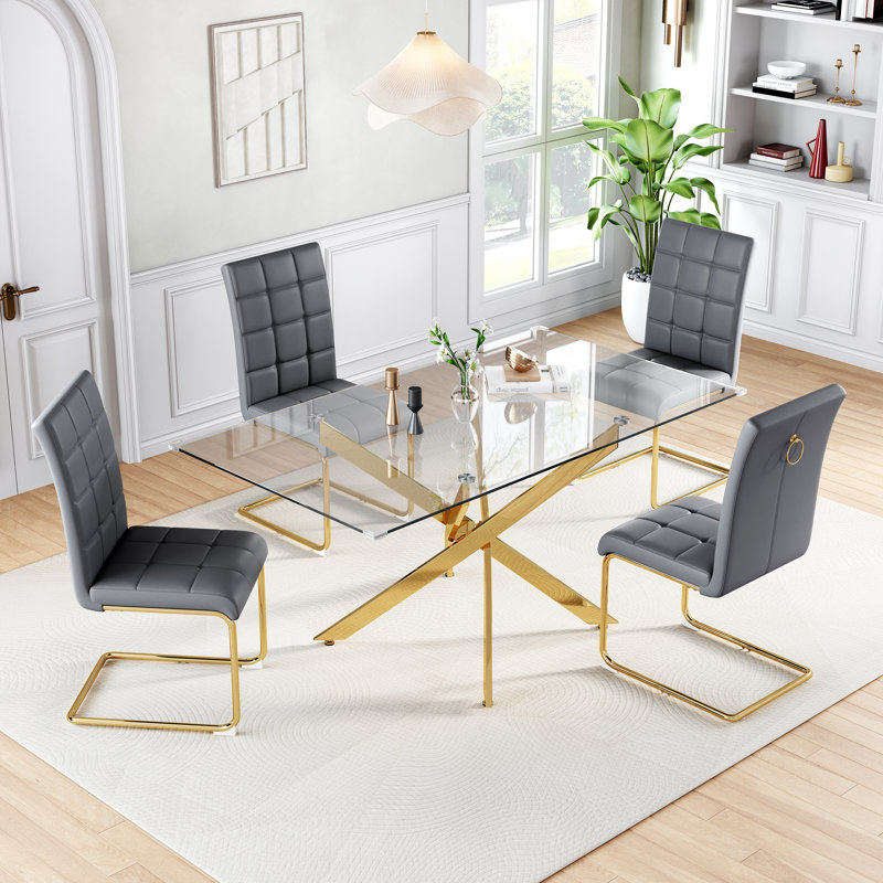 Rectangular Glass Dining Table For 4, 63" Modern Tempered Glass With High-Back PU Leather Cushioned Chairs, Gray/Gold, Gold