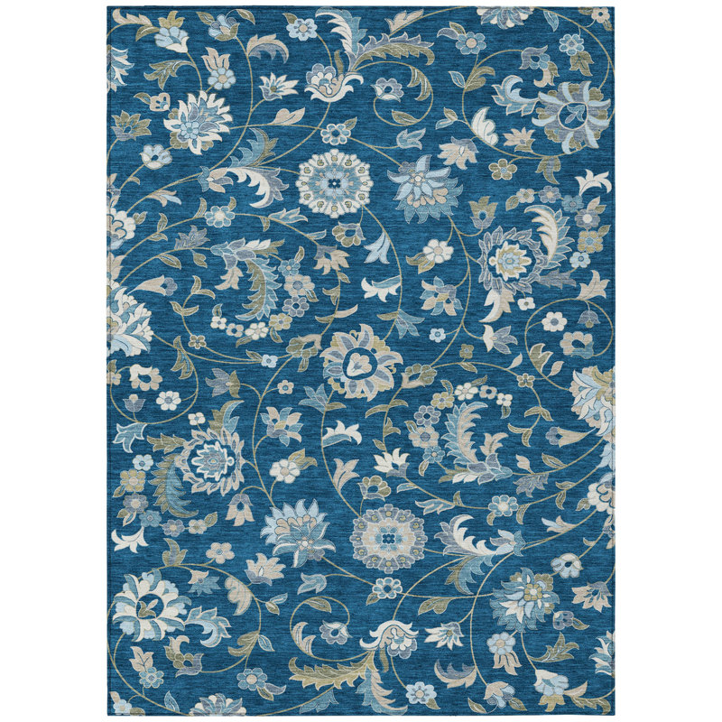 Tapis intérieur / extérieur floral 9 pi x 12 pi bleu marine lavable