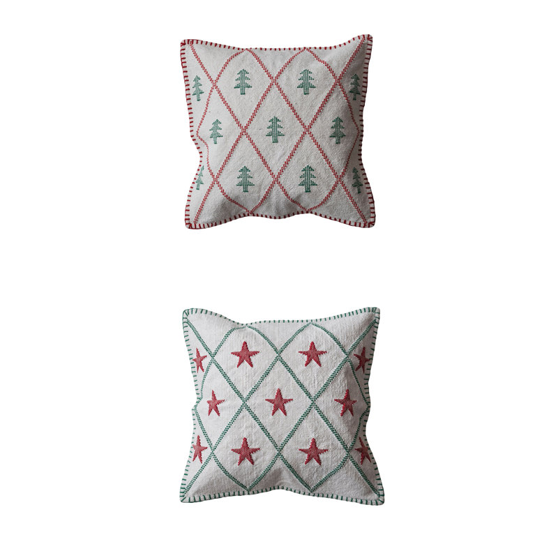 18" Square Cotton Throw Pillows with Embroidered Tree and Star Pattern