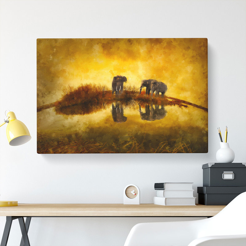 Elephants At Sunset - Wrapped Canvas, 35cm H x 50cm W x 3cm D