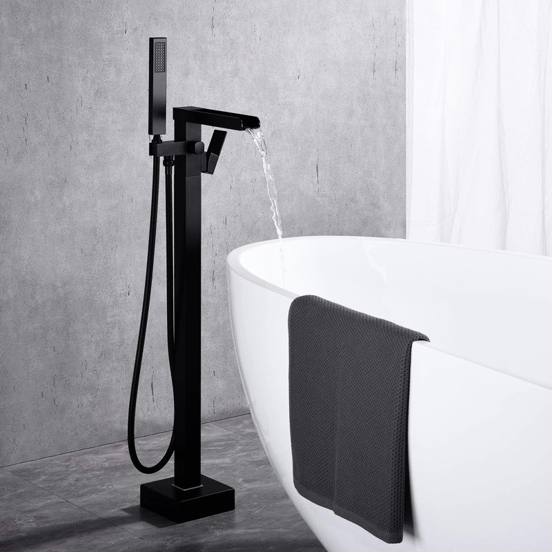 Robinet de baignoire à fixation au sol moderne avec cascade et douche à main portative - Accessoire de douche pliable en acier inoxydable