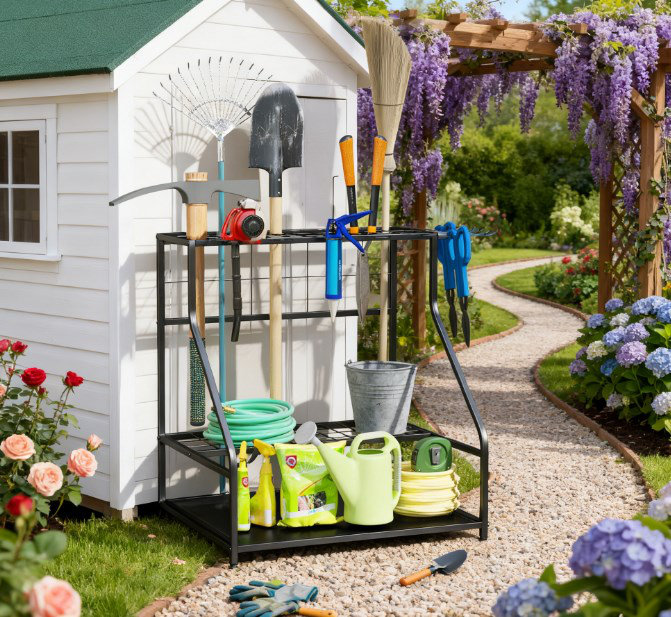 Organisateur de jardin, support de rangement pour outils de jardin à 3 niveaux, avec crochets pour manche long, balai, pelle