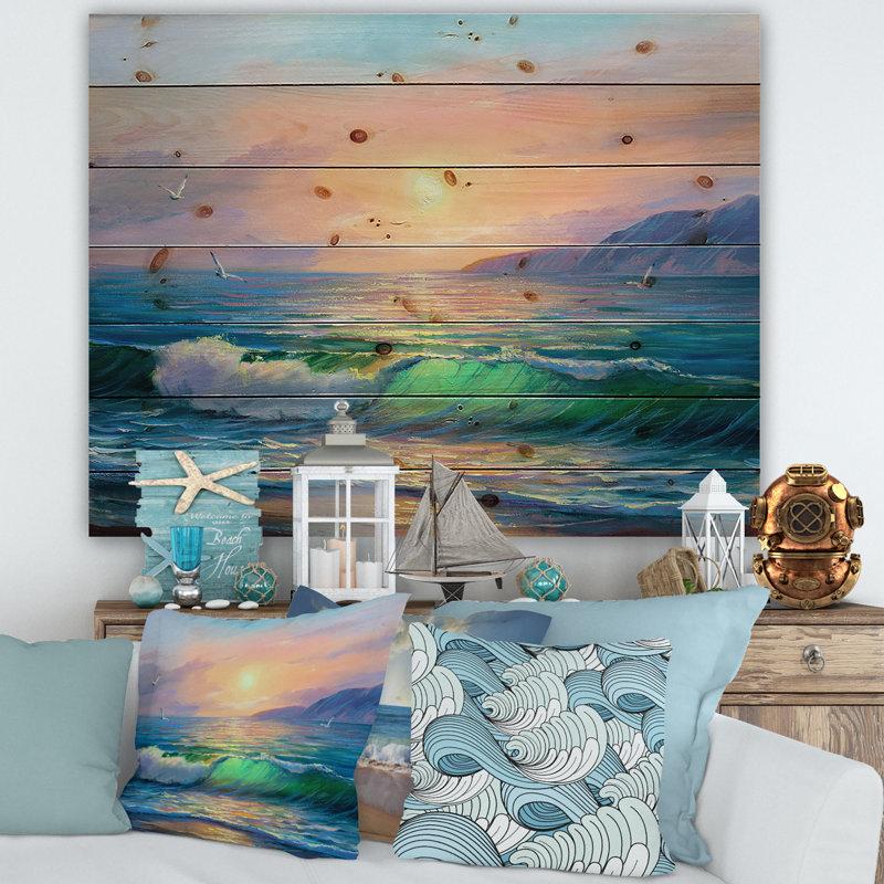 Vagues bleues se brisant à la plage V - Impression nautique et côtière sur bois de pin naturel, H 25 po x l 35 po x P 0,78 po