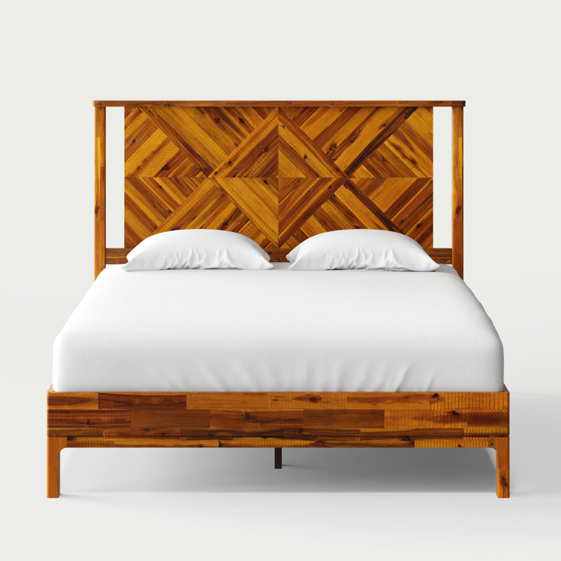 Ethan Solid Wood Platform Bed with Headboard, Rustic Bed Frame, Queen, Caramel