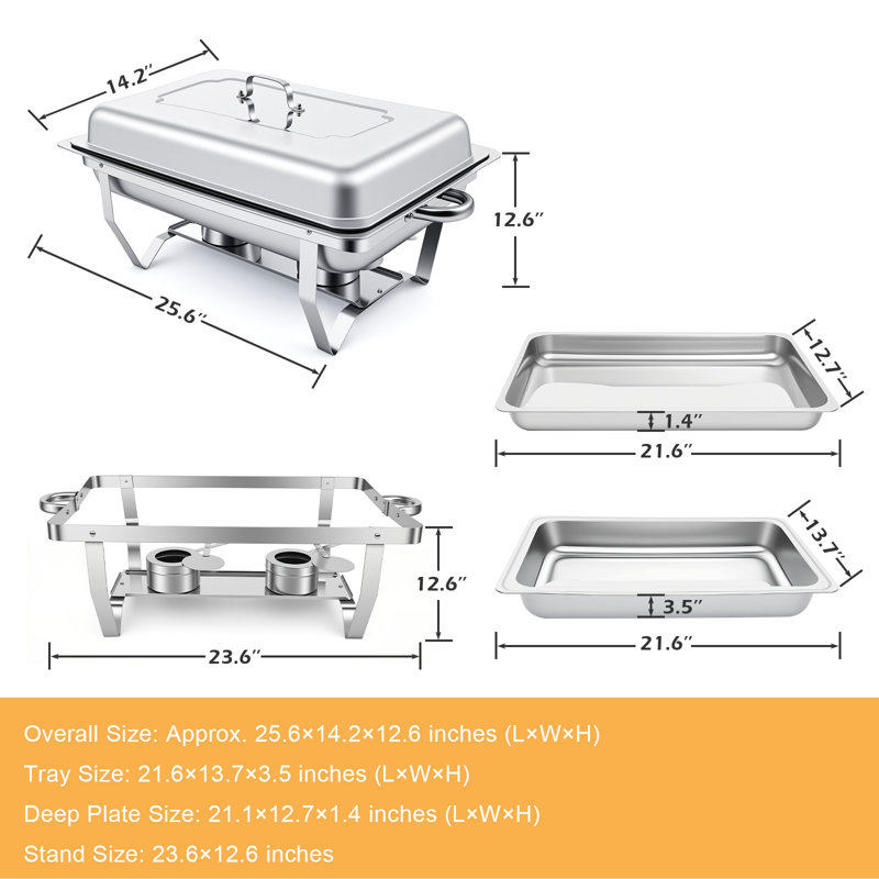 Ensemble de 6 réchaud à vaisselle rectangulaire pliable de 9 pte, ensemble de réchaud en acier inoxydable, bac à eau pleine grandeur, porte-combustible pour l'isolation des aliments cuits