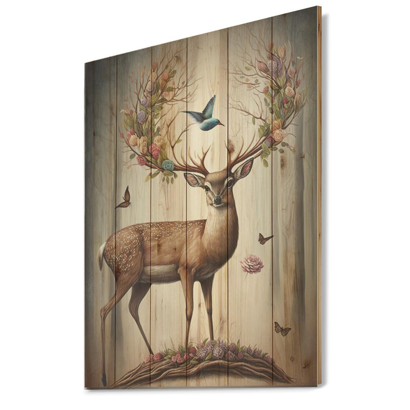 Skiatook deer avec des bois en floraison III - impression sans cadre sur bois, H 40 po x l 30 po x P 1,5 po