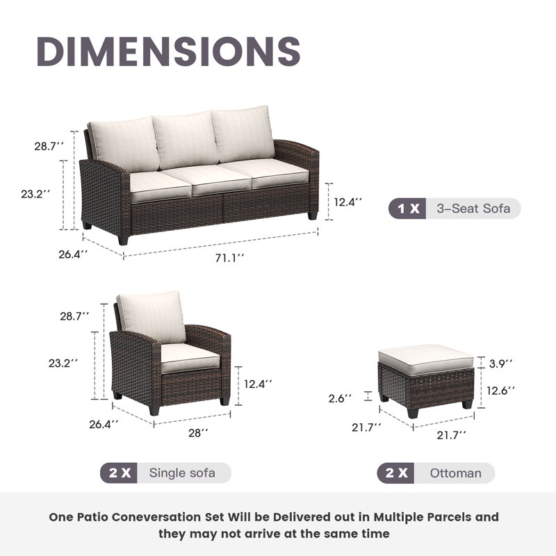 Ensemble de conversation pour patio 5 pièces en osier avec coussins, Structure brune / coussin sable