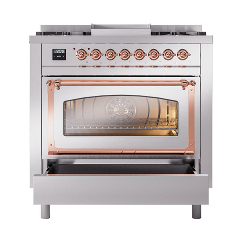 ILVE Nostalgie II Noblesse 36 in Dual Fuel Range, Stainless Steel/Copper, Liquid Propane