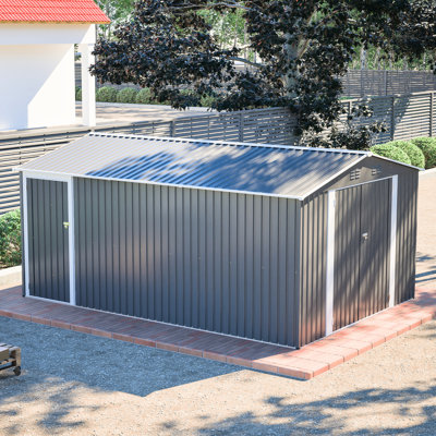 Remise à outils de jardin en métal 10 x 14 pi, rangement avec portes verrouillables, bâtiment de jardin imperméable pour patio, gris, bâtiment pour animaux de compagnie, remise à charnière dans la cour arrière, circulation d'air à quatre évents