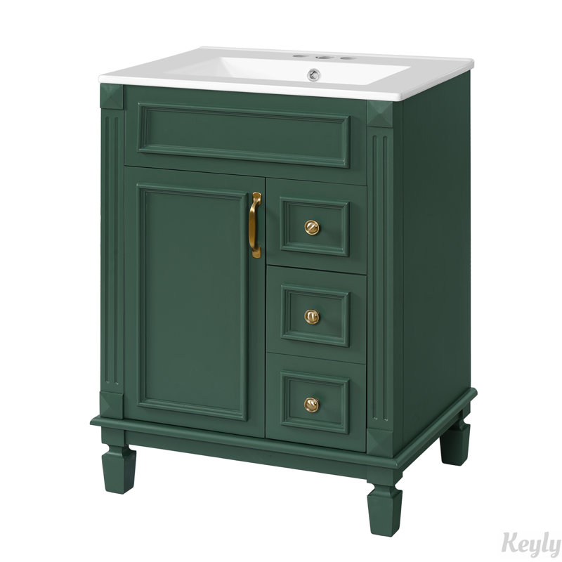 Meuble-lavabo 24 po avec lavabo en céramique, 2 tiroirs et tablette réglable, Vert, Doré