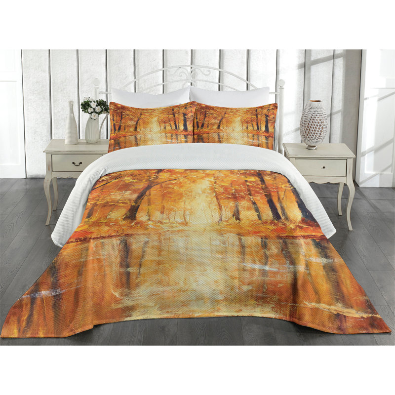 Autumn Forest Lake Quilted King Bedspread Set in Brown