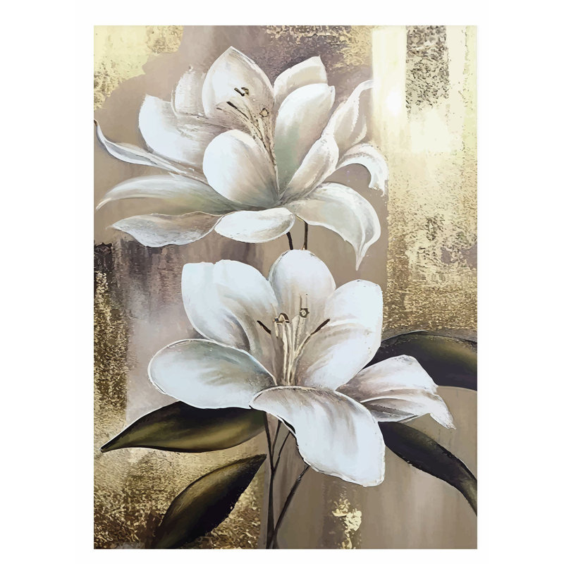 Impression florale blanche de magnolias blancs sur fond doré, H 16 po x l 12 po