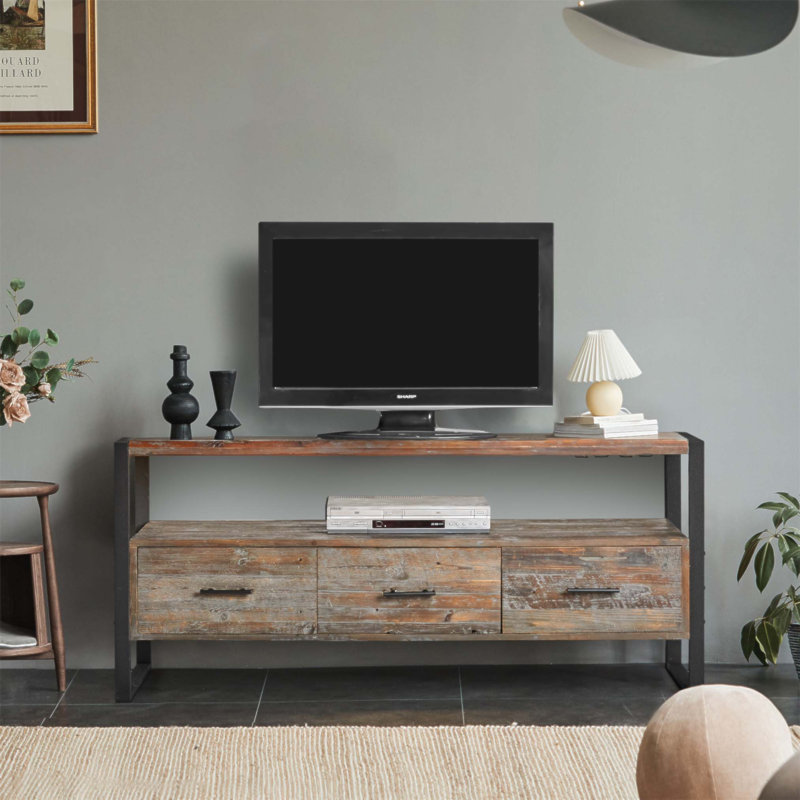 Meuble télé 60 po en bois récupéré avec 3 tiroirs, tablette ouverte et finition antique