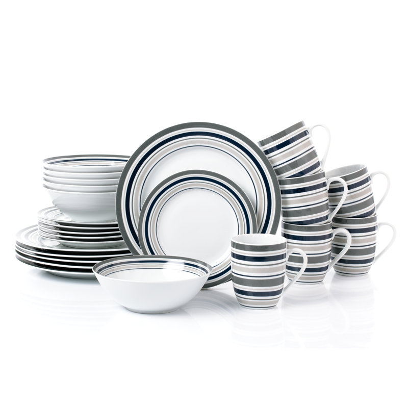 Waterside 24pc Brompton Grey Striped Porcelain Dinner Set