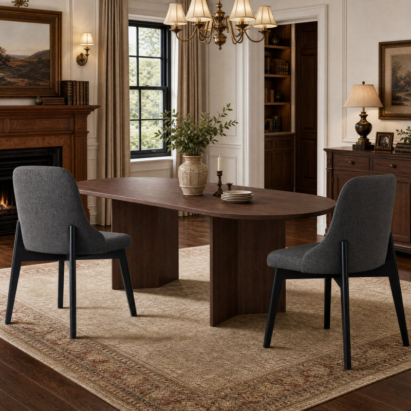 Tables de cuisine ovales en noyer avec 2 chaises de salle à manger Kowalsky, Walnut, 3 Pieces: Table, 2 Chairs, Grey