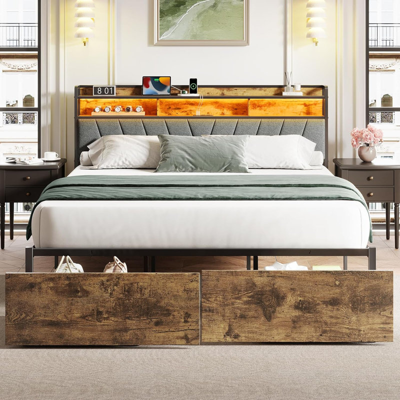 King Bed Frame with LED Light and Charging Station, Metal Platform bed with Storage Headboard, No Box Spring Needed, Brown