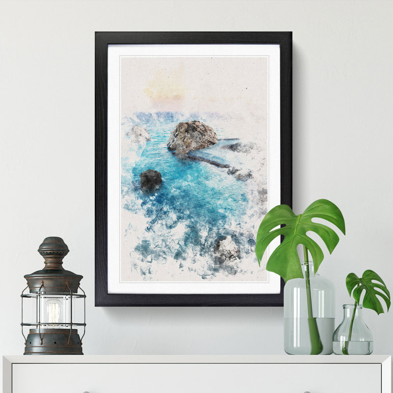 The Rock of Aphrodite Beach in Cyprus - Picture Frame Graphic Art, 33cm H x 24cm W x 2cm D, Black Framed