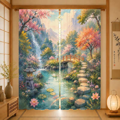 2Pcs Japanese Garden Curtains, Serene Waterfall Landscape with Cherry Blossoms and Koi Fish, Light Filtering Decorative Panels for Living Room, Bedroom, Balcony, Kitchen Home Decor