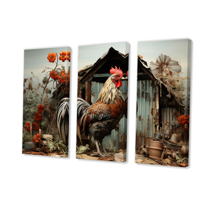 «Roaster Barnyard Serenade I», reproduction sur toile 3 pièces, H 28 po x l 36 po x P 1 po