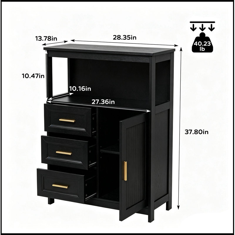 Armoire de rangement avec tablette ouverte et 3 tiroirs, Black