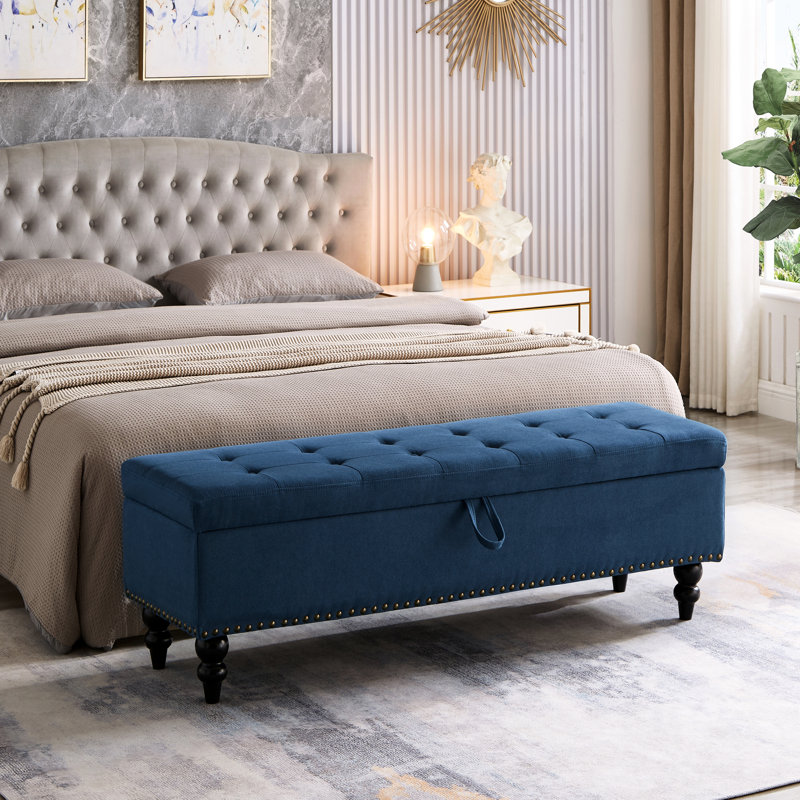 59" Bed Bench With Blue Fabric And Storage Space. Contemporary Design For Various Spaces. Button Tufting, Smooth Upholstery, Legs. Easy To Install. 59"L X 17.71"W 18"H. Storage: 55.5"L 14"W 7"H.