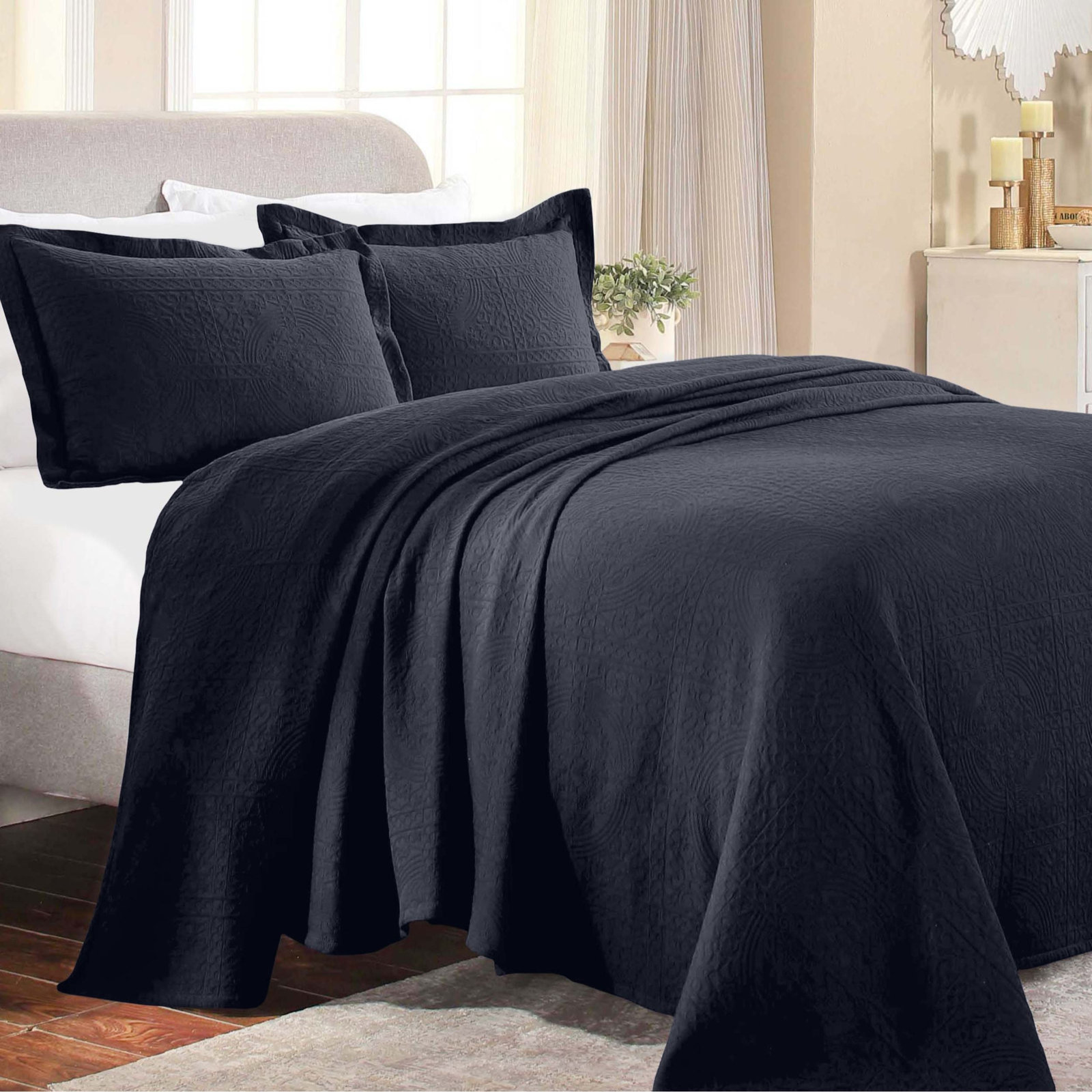 Swanton Cotton Coverlet Set, King Coverlet + 2 Shams, Navy Blue